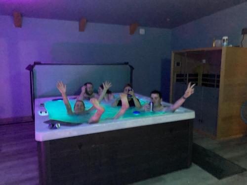 a group of people in a hot tub in a room at Knockreagh Farm Cottages Mountain or Cedar views in Kilkenny