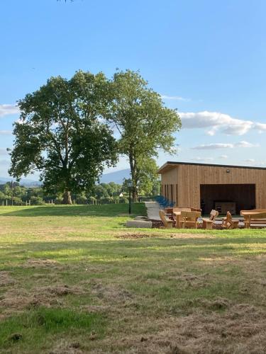 a building with benches and a tree in a field at Knockreagh Farm Cottages Mountain or Cedar views in Kilkenny
