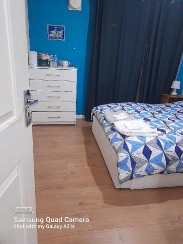 - une chambre avec un lit, une commode et des murs bleus dans l'établissement Beautiful 1 bedroom Ground floor with shared bathroom, à Londres