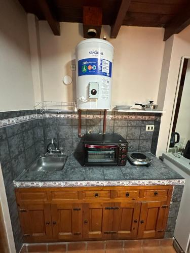encimera de cocina con microondas y fregadero en Monoambiente Salta Centro en Salta