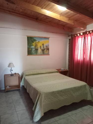 1 dormitorio con cama y cortina roja en El Pasaje en Malargüe