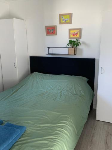 een bed met een groen dekbed in een slaapkamer bij Het Eikenhuisje in Putten; huisje op de Veluwe. in Putten