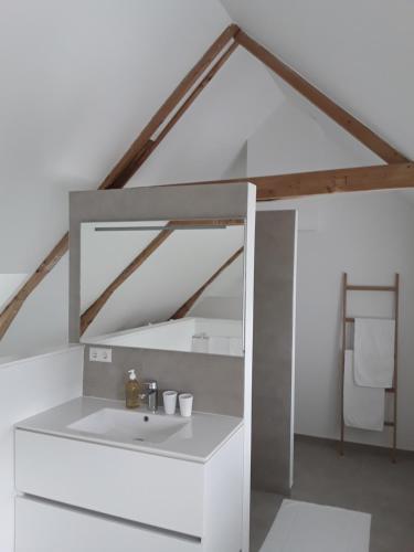 a white bathroom with a sink and a mirror at Maan B&B + Galerie in Kortgene