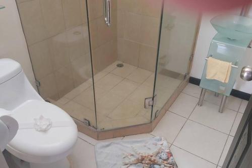 een badkamer met een douche en een toilet bij Casa vacacional Playa Herradura in Herradura