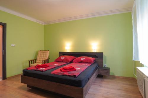 a bedroom with a bed with red pillows and a chair at Lia Apartman Pécs in Pécs