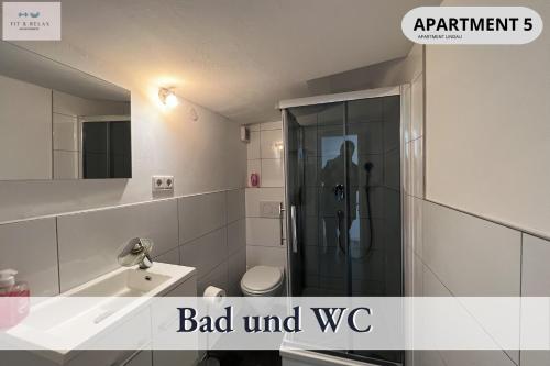 uma casa de banho com um chuveiro, um WC e um lavatório. em Fit-Relax Apartments Meersburg mit eigenem Sportstudio em Meersburg