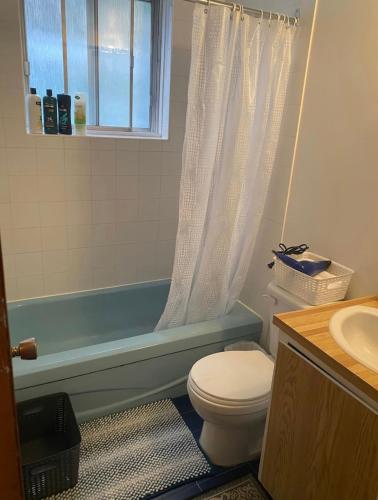 a bathroom with a toilet and a tub and a sink at Heaven Is A Place On Earth in Montreal