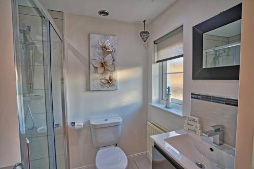 a bathroom with a toilet and a sink and a mirror at Three bedroom house in Culloden, Inverness in Culloden