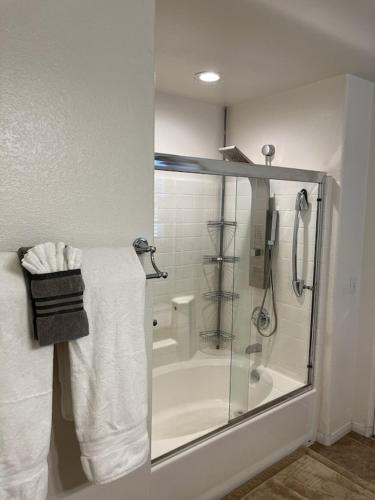 a bathroom with a shower and a glass shower stall at Vic's 3 bedroom 4beds & POOL centrally located! in Las Vegas