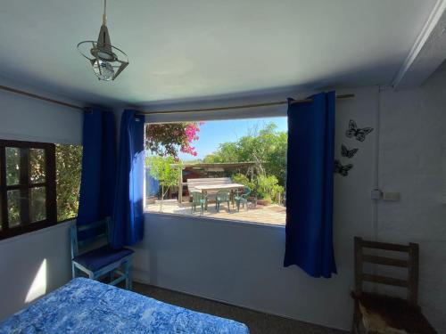 a bedroom with a window with blue curtains and a table at Rumba2 in Punta del Este