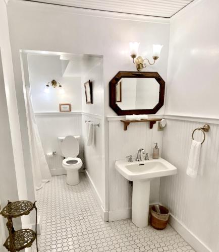 a white bathroom with a sink and a toilet at Orcas Hotel in Orcas