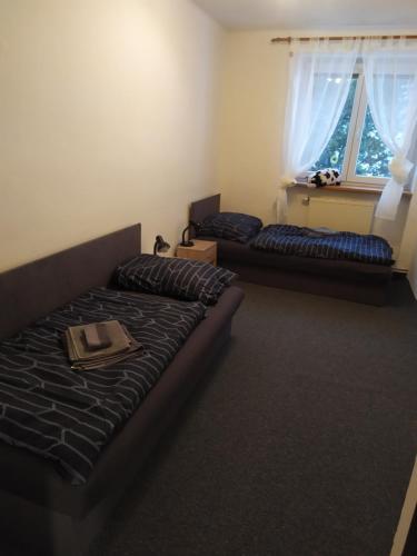 um quarto com uma cama, um sofá e uma janela em Rodinný apartmán Nová Seninka em Staré Mesto