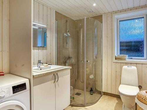 a bathroom with a shower and a sink and a toilet at Holiday home Rørvig XVI in Rørvig