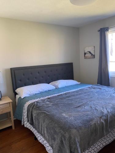 1 dormitorio con 1 cama grande con manta azul en Hiker's Retreat modern 3 bedroom home with 2 baths, en Travelers Rest