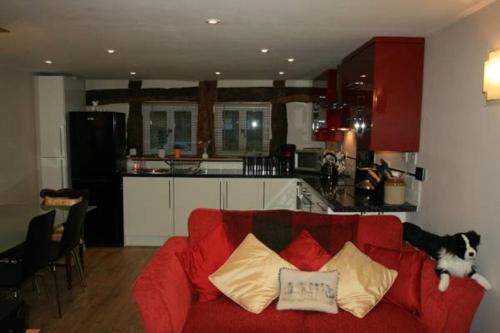 - un canapé rouge avec des oreillers dans la cuisine dans l'établissement Peel Cottage, Dilwyn, à Dilwyn