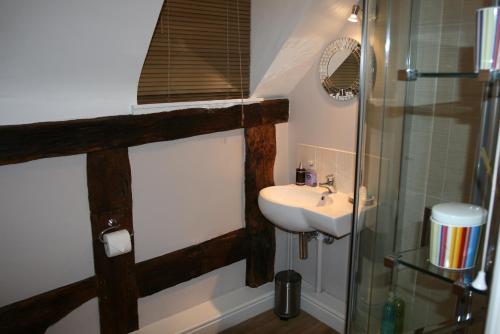 a bathroom with a sink and a shower at Peel Cottage, Dilwyn in Dilwyn