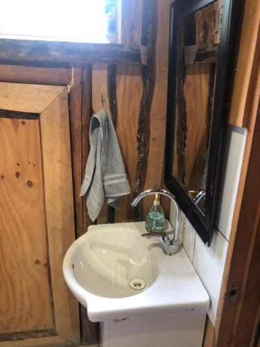 a bathroom with a sink and a mirror at Turismo y cabañas Chulengo in Cochrane