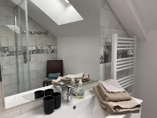 ein weißes Bad mit einem Waschbecken und einer Dusche in der Unterkunft Gîte Sauvagny, 3 pièces, 4 personnes - FR-1-489-430 in Sauvagny