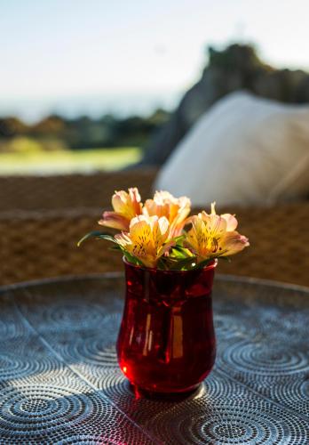 a red vase with flowers in it sitting on a table at Matapouri & Tutukaka Spectacular Coastal Views- Aroha Luxury Guest Suite in Tutukaka