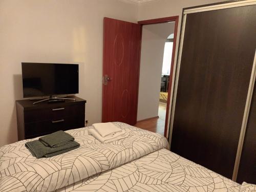 a bedroom with a bed with a television and a mirror at Acasă in Drobeta-Turnu Severin