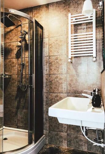 a bathroom with a sink and a shower at Panorama 360° Hotel in Tbilisi City