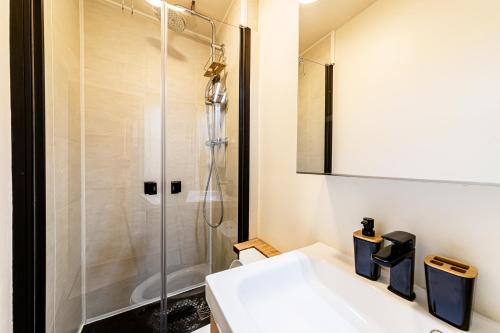 ein Bad mit einer Dusche und einem weißen Waschbecken in der Unterkunft Le Château Senard, Studio cosy 23 m2 au calme proche gare - 3 min in Rouen