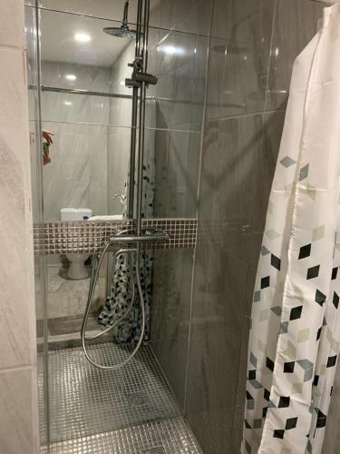 La salle de bains est pourvue d'une douche avec une porte en verre. dans l'établissement Butas pačiame miesto centre, à Telšiai