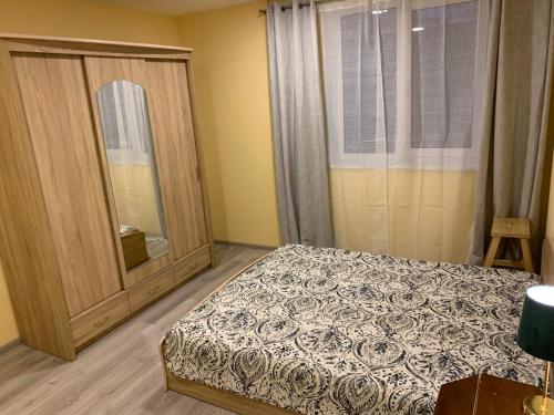 1 dormitorio con 1 cama, armario y ventana en Butas pačiame miesto centre en Telšiai