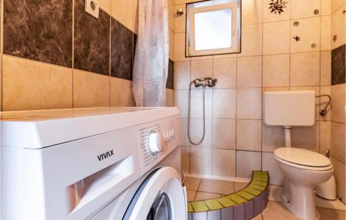 Elle comprend une petite salle de bains pourvue d'un lave-linge et de toilettes. dans l'établissement Lovely Apartment In Premantura With Wifi, à Premantura