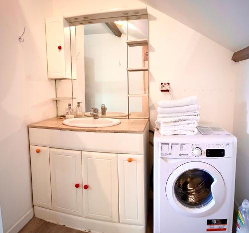 Péronnas的住宿－Logement indépendant 1 à 2 chambres, idéal séjour Bourg en bresse，一间带水槽和洗衣机的浴室