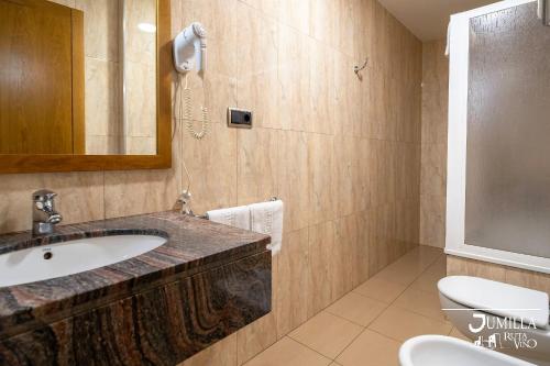 y baño con lavabo, aseo y espejo. en Hotel Pio XII Jumilla, en Jumilla