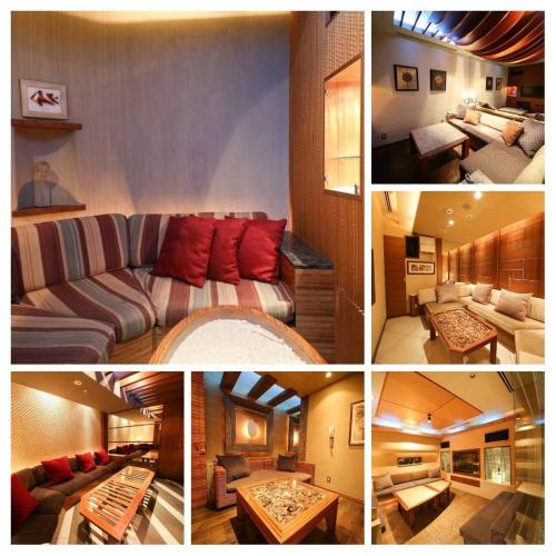 a collage of four pictures of a living room at THE skM TOKYO HOTEL & DINING in Tokyo