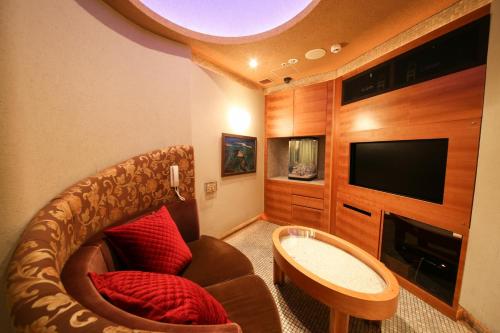 a living room with a couch and a tv at THE skM TOKYO HOTEL & DINING in Tokyo