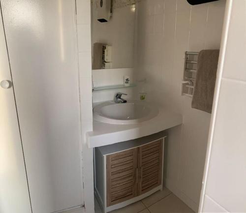 une salle de bain blanche avec un lavabo et un miroir dans l'établissement Beau et confortable 2 pièces vue mer/maquis, à Lumio