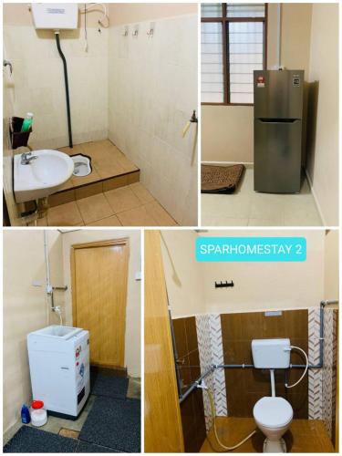 a collage of three pictures of a bathroom with a refrigerator at Spar Homestay 2 in Kota Bharu