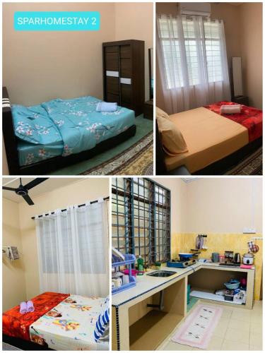 a collage of three pictures of a bedroom at Spar Homestay 2 in Kota Bharu
