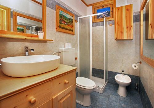 een badkamer met een wastafel, een toilet en een douche bij Salone House in Sauze dʼOulx