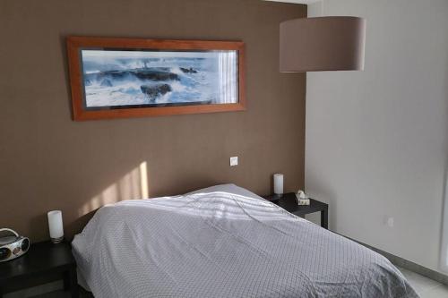 sypialnia z łóżkiem i zdjęciem na ścianie w obiekcie Beau Duplex à Port Fréjus w Fréjus