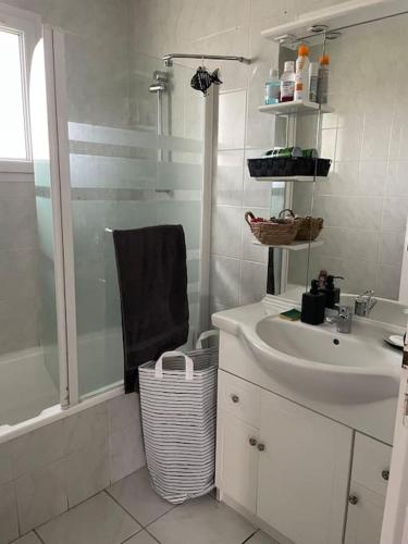 une salle de bain blanche avec un lavabo et une douche dans l'établissement Maison avec SPA Jacuzzi proche des plages, à Le Bernard