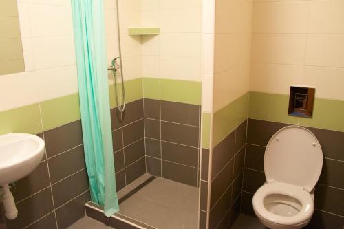 uma casa de banho com um WC e um lavatório em Penzión Trio em Trnkov