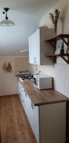 a kitchen with white cabinets and a microwave on a counter at Затишні апартаменти в центрі Трускавця in Truskavets
