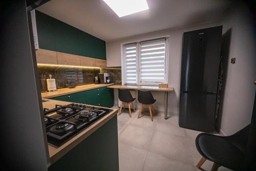 a kitchen with green cabinets and a stove top oven at Okno na Izery in Leśna