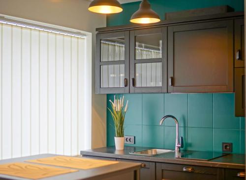 a kitchen with blue walls and a sink and a window at Apartment Secret in Jonava