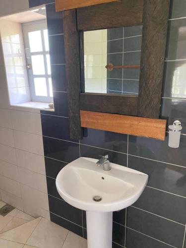 a bathroom with a sink and a mirror at Mwi Village House in Mto wa Mbu