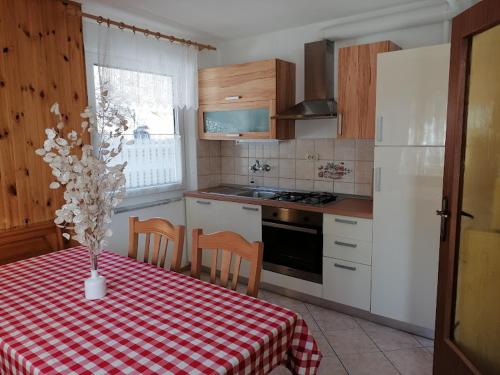 a kitchen with a table with a red and white checkered table cloth at Apartment Vida in Bovec