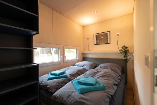 Un par de almohadas sentadas en una habitación pequeña en Hafenresort Karnin _ Hausboot Selma en Karnin