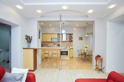 an open kitchen and living room with a red couch at Langery Residence Central Apartments in Odesa