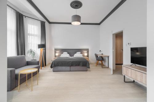Aparthotel Platinum في شتتين: غرفة نوم بسرير واريكة وتلفزيون