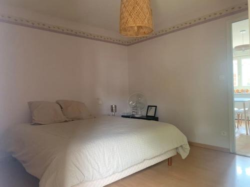a bedroom with a white bed and a chandelier at Logement dans maison en pierre à la campagne in Bazens
