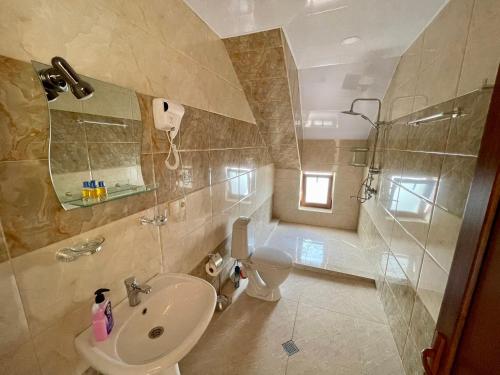 een badkamer met een wastafel, een toilet en een douche bij Gudauri Hillsite in Goedaoeri